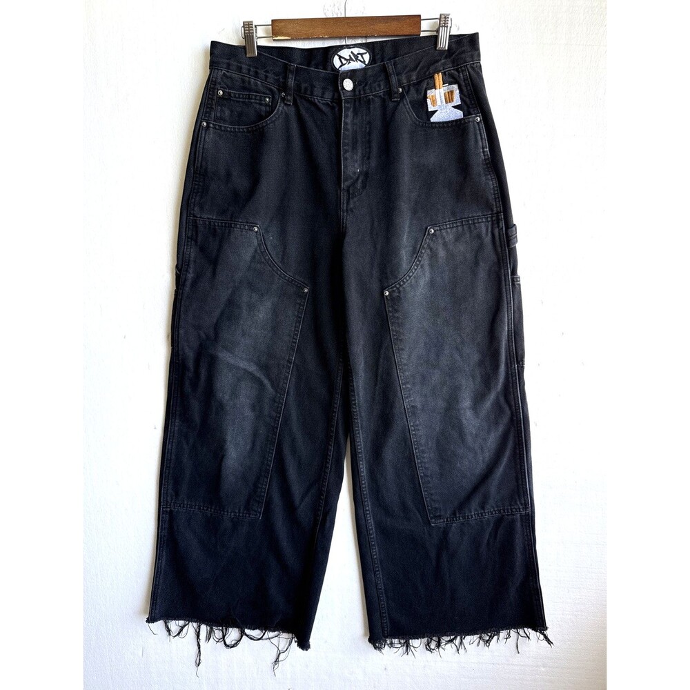 DART Black Double Knee Baggy Wide Leg Jeans Mens Large Frayed Cutoffs Y2K